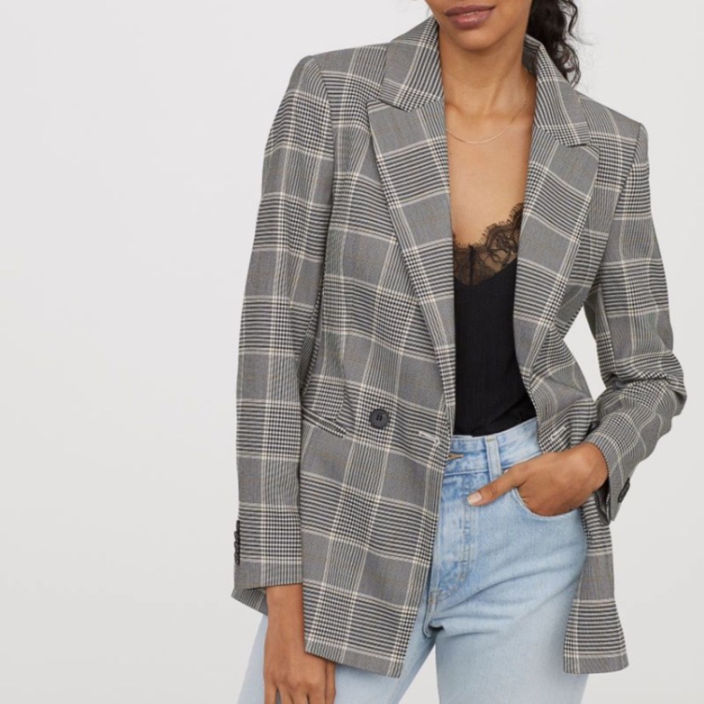 H&M Baby Blue Checked Double Breasted Blazer